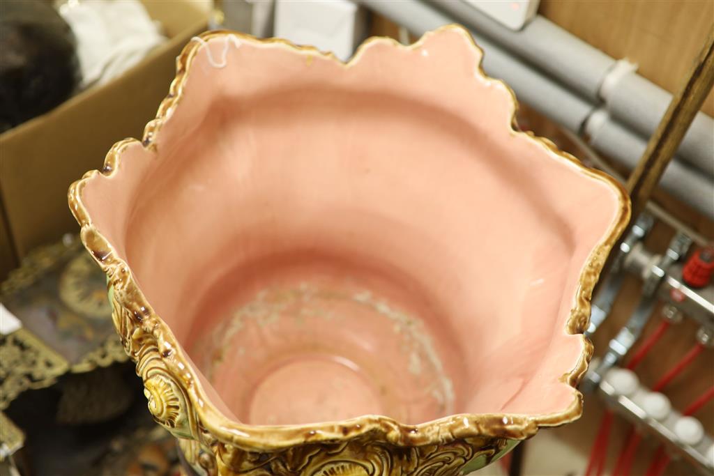 A large Victorian porcelain majolica jardiniere on pedestal stand